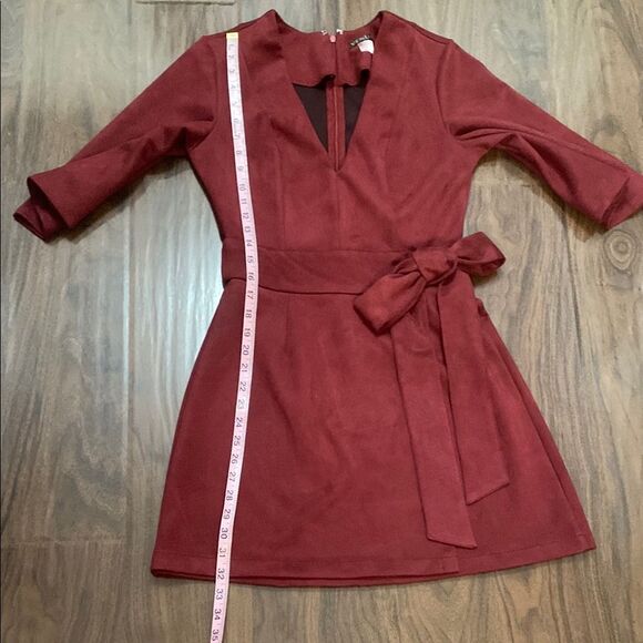 VENUS Faux Suede Maroon A-line Dress with Bell Sleeves - Picture 6 of 10